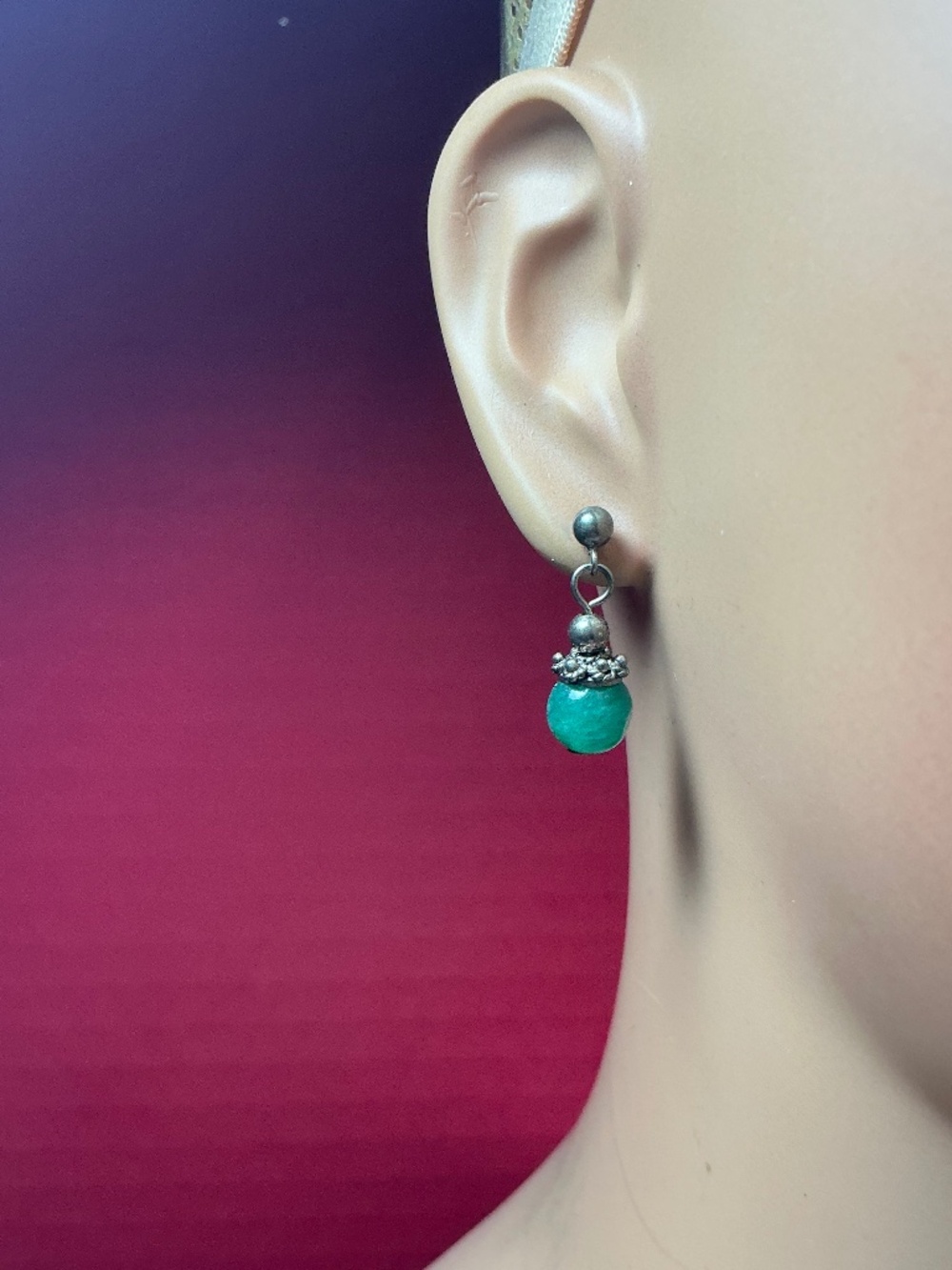 Sterling Silver Dangle Earrings with a Green Turquoise Bead. 7/8 inch long